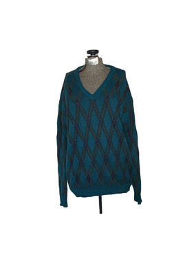 Men's Signor Angelo Sweater Size S Teal V-Neck Argyle